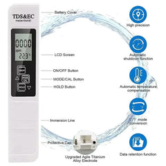 Portable Digital Water TDS, EC &amp; Temperature Meter (3-in-1) – With ATC Function, 1ppm Resolution